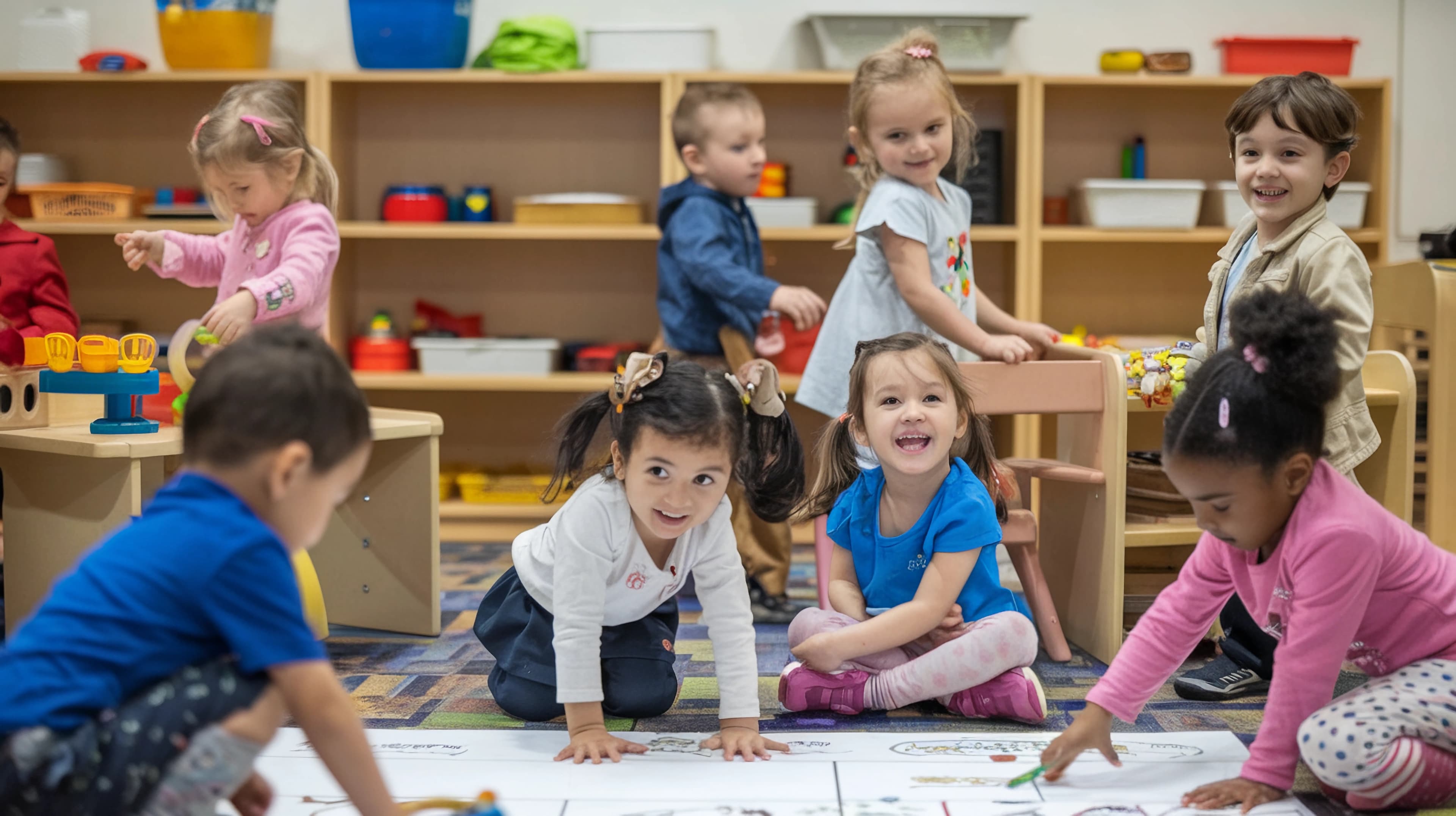 Group of children sitting on floor, one drawing